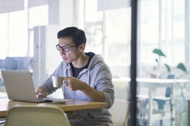 Laptop ofiste çalışan Asya işadamı portresi