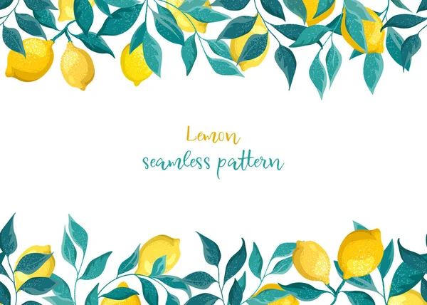 Frame Seamless Pattern Lemons Leaves Flowers White Background Summer Illustration — Stock Vector