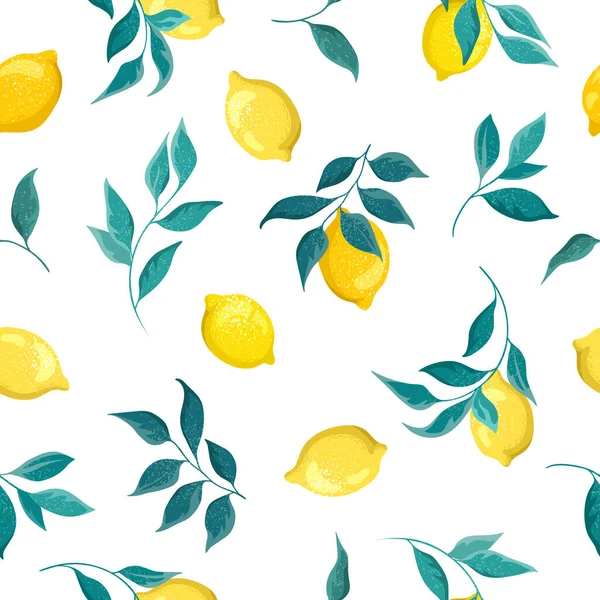 Zitronenfrüchte Mit Blättern Auf Weißem Hintergrund Botanische Illustration Nahtloses Muster — Stockvektor
