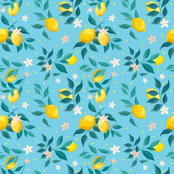 Zitronenzweige Und Früchte Auf Blauem Hintergrund Dekoratives Nahtloses Muster — Stockvektor