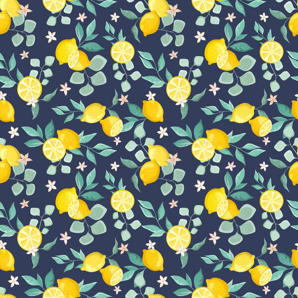 Lemon branches and fruits on a blue background. Decorative seamless pattern