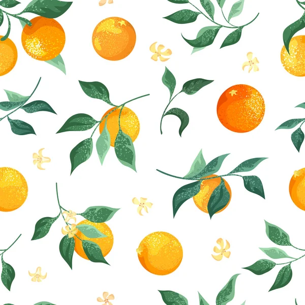 Orangefarbene Zweige Und Blumen Auf Weißem Hintergrund Nahtloses Muster — Stockvektor