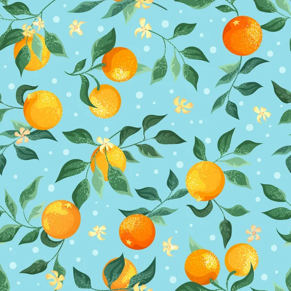 Filialer Apelsiner Med Blommor Blå Bakgrund Textil Sömlös Mönster — Stock vektor