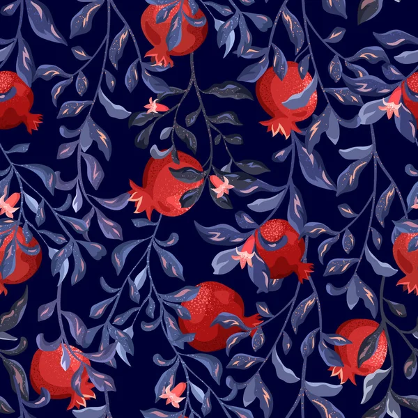 Κόκκινα Φρούτα Ροδιού Λουλούδια Μπλε Φόντο Υποκαταστήματα Φυτά Κήπου Χωρίς — Διανυσματικό Αρχείο