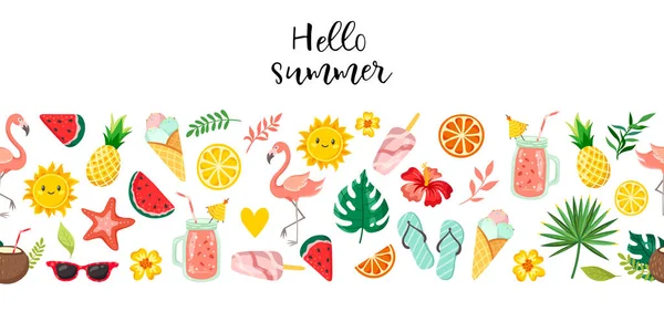 白い背景に装飾的な夏の要素 フラミンゴや熱帯の葉 夏休み シームレスなパターンを持つ果物 — ストックベクタ