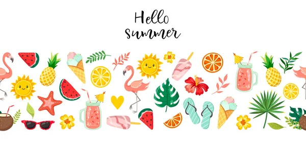 Elementos Decorativos Verão Fundo Branco Flamingo Frutas Com Folhas Tropicais — Vetor de Stock