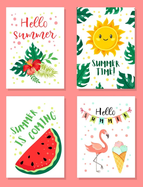 Conjunto Cartões Saudação Verão Banners Com Plantas Tropicais Melancias Flamingos — Vetor de Stock