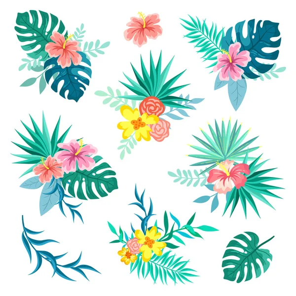 Sammlung Von Sträußen Und Kompositionen Aus Palmblättern Und Tropischen Blumen — Stockvektor