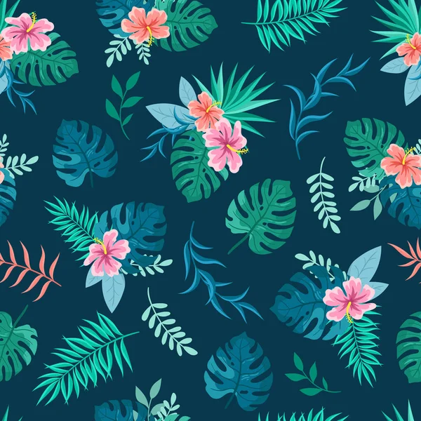 Sträuße Von Hibiskus Tropischen Blumen Und Palmblättern Vor Blauem Hintergrund — Stockvektor