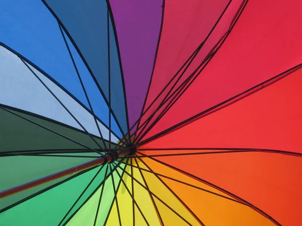 the inside of an umbrella in rainbow colors
