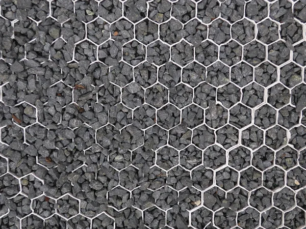 Grain noir, gravier ou cabane pris dans un nid d'abeille en plastique blanc — Photo