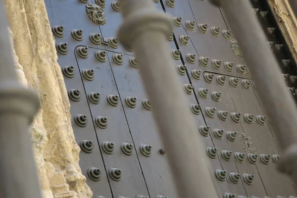 Egy Bejárat Vasgombokkal Díszített Ajtó Kerítésen Keresztül — Stock Fotó