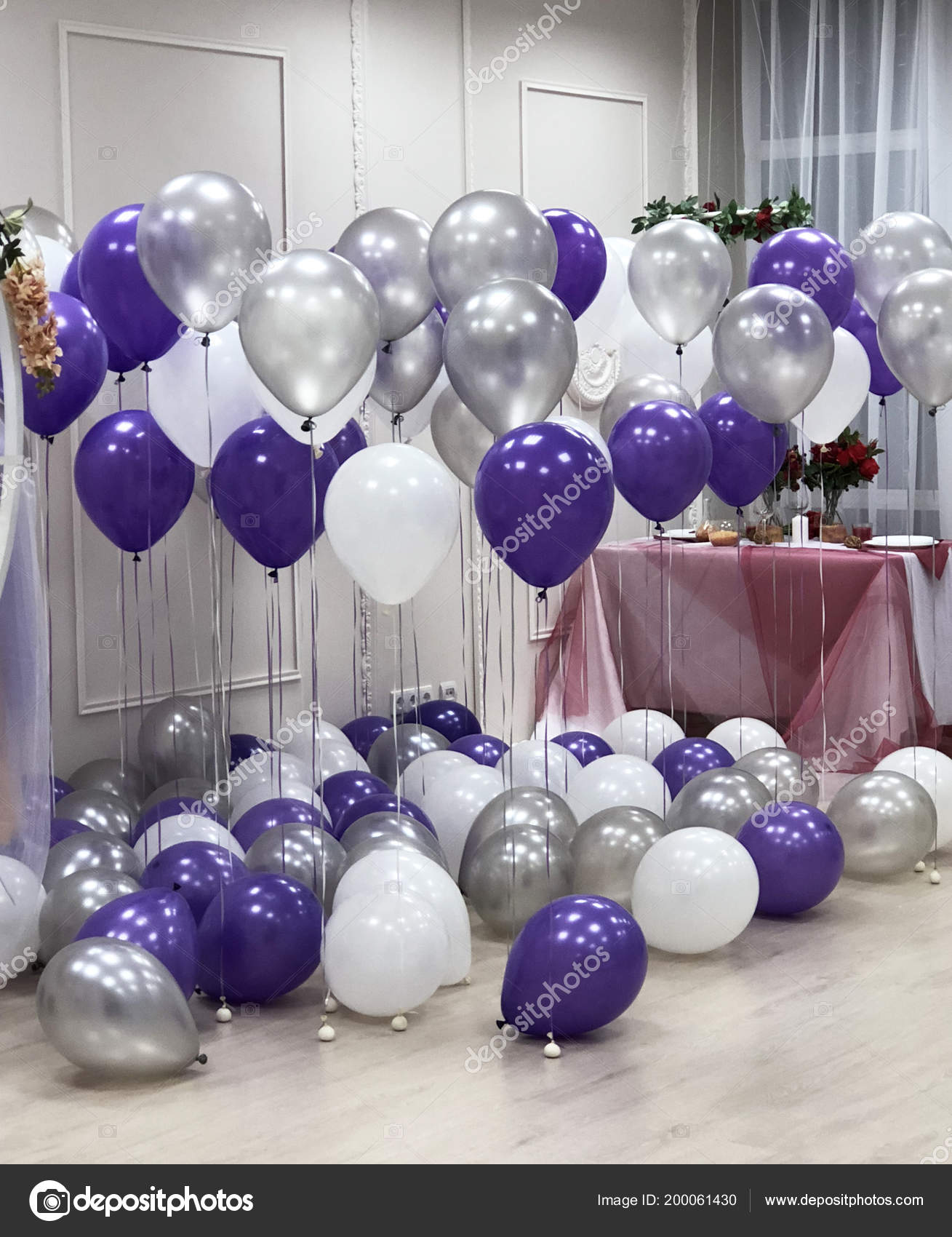 Photo Studio Decorated Helium Balloons White Silver Purple