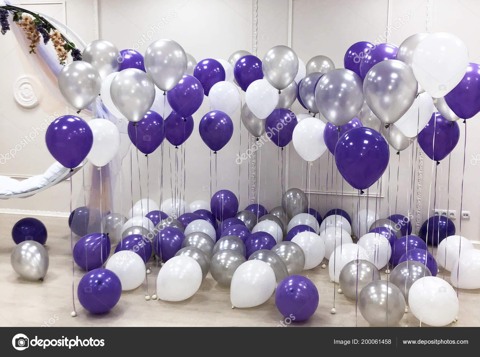 Photo Studio Decorated Helium Balloons White Silver Purple