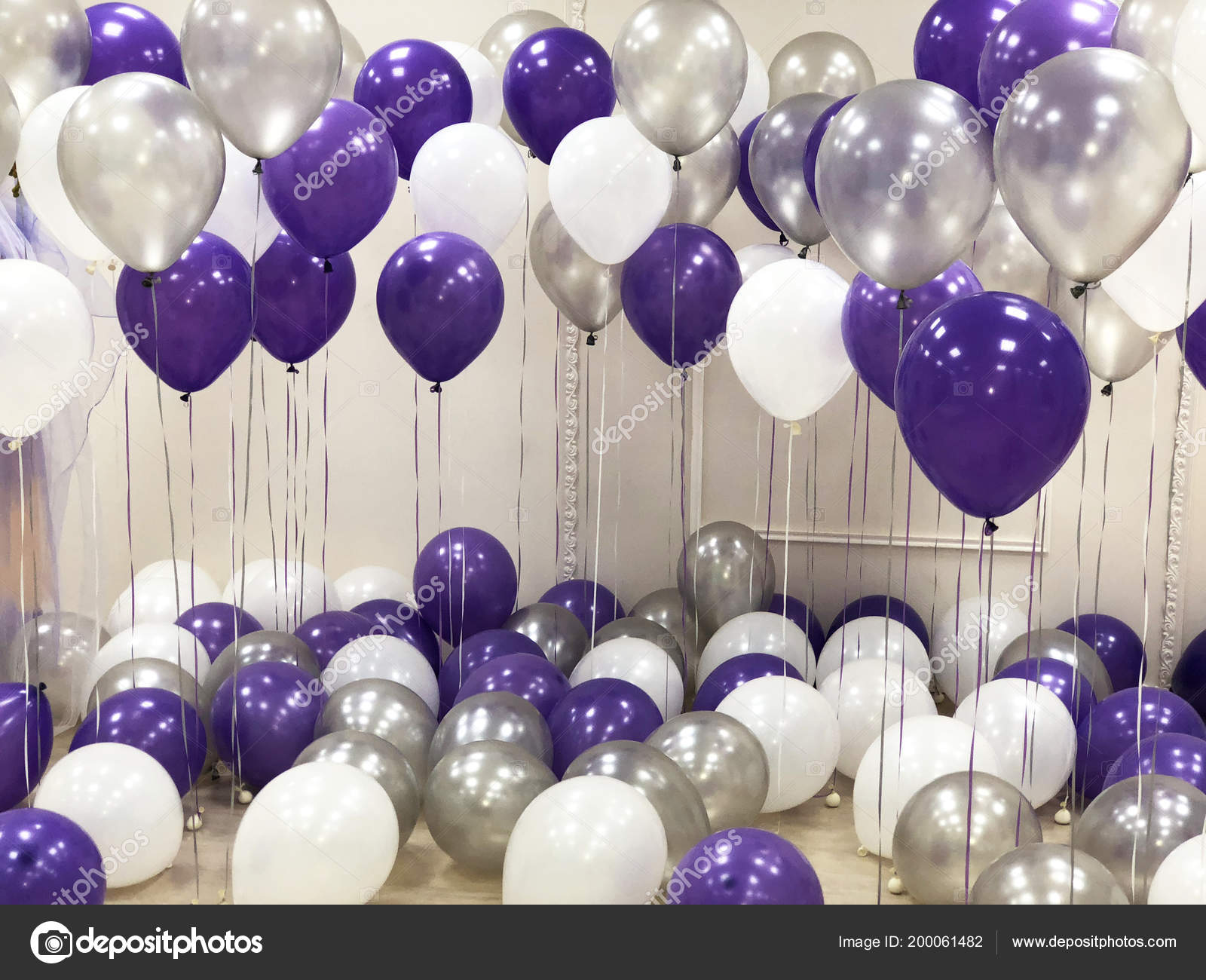 Photo Studio Decorated Helium Balloons White Silver Purple