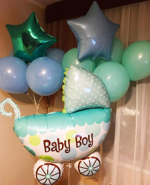 Gentle Composition Helium Balloons Blue Mint Green Balloon Baby Carriage — Stock Photo, Image