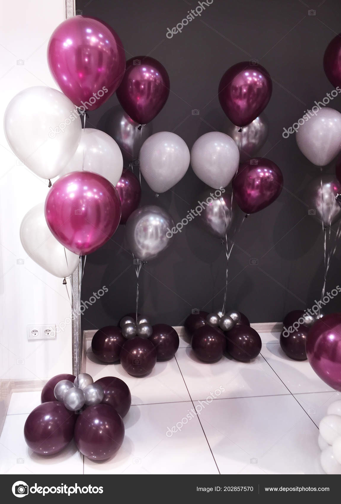 Bright Fountain Helium Balloons Gray Burgundy White Well Mirrored