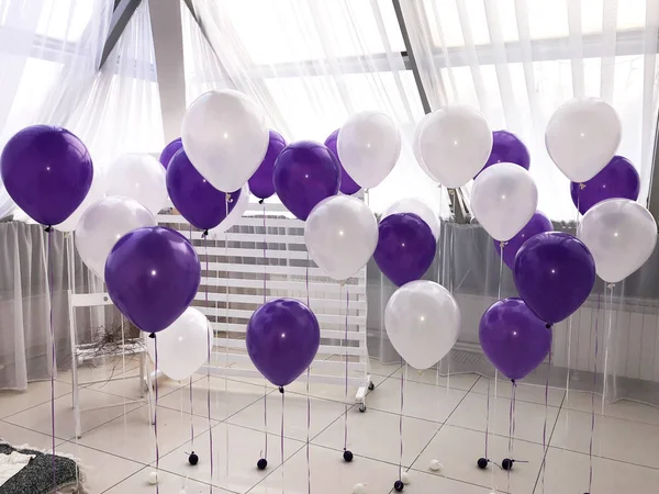A beautiful room decorated with helium balloons of purple and white colors. Professional design. Modern, stylish and festive