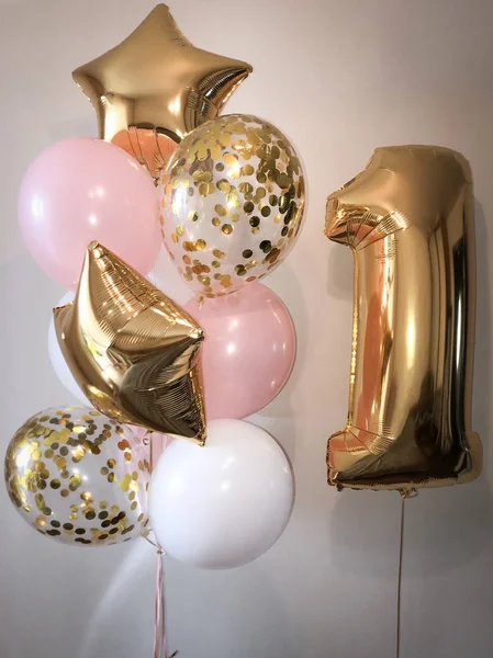 Sammansättning Helium Ballonger Vit Rosa Transparent Med Konfetti Samt Guldstjärna — Stockfoto