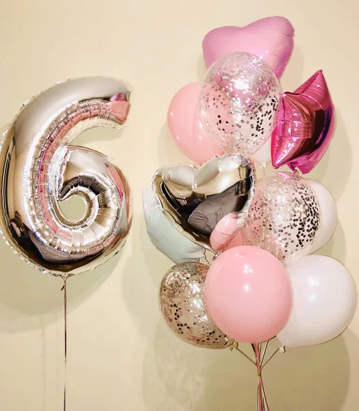 Composition Helium Balloons White Pink Balloons Silver Confeety Well Silver — Stock Photo, Image