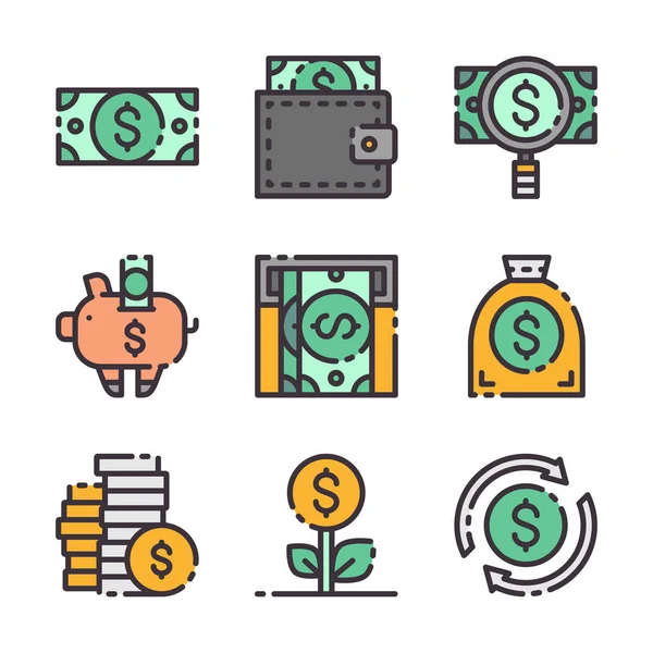 Iconos Color Dólar Billete Monedero Lupa Moneybox Cajero Automático Bolsa — Vector de stock