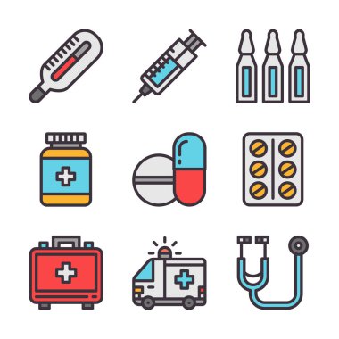 9 vektör düz tıp Icon set. Tıp sembolleri: termometre, şırınga, ilaç, ambulans, stetoskop. Düğme web ya da mobil uygulama UI/Ux kullanıcı arabirimi için.