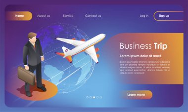 İş gezisi. İş uçuşlar dünya çapında. Rezervasyon uçuşlar seyahat. Online bilet satın almak. Web sayfası, afiş, uygulama, sunu, sosyal medya için kavram. UI/Ux kullanıcı arabirimi. Düz vektör çizim.
