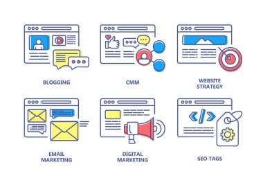 Seo ve dijital pazarlama renk çizgisi simgeleri seti.