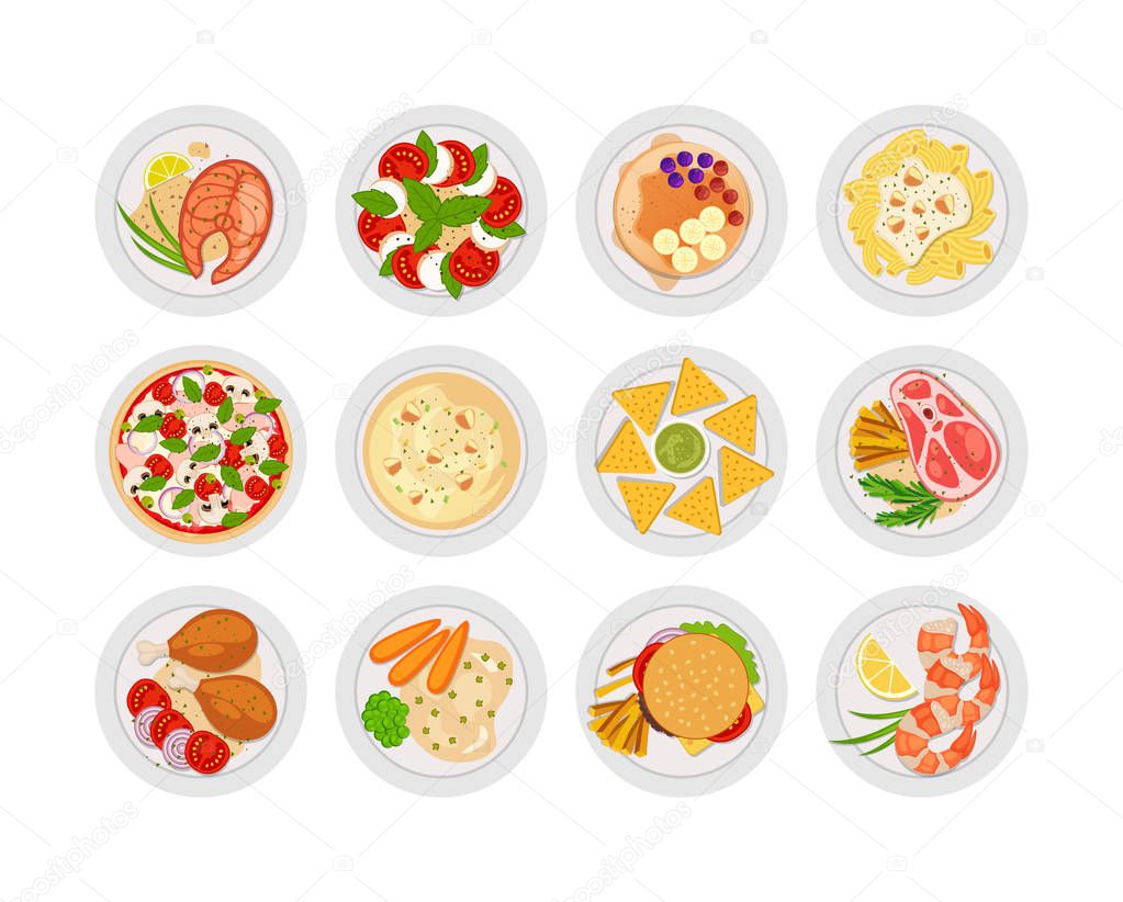 Restoran Menu design flat color icon set. Dishes menu symbol. Food sign. Pictogram for web sites, promo, ad, print, app, booklet, infographic elements. Vector clipart. Isolated illustration