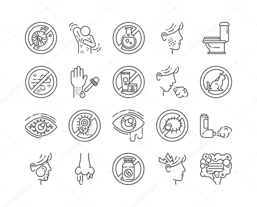 Allergy and symptoms line black icons set. Dermatological, infectious disease. Food intolerance, poisoning. Flu, influenza. Sign for web page, mobile app,. Vector isolated element. Editable stroke.