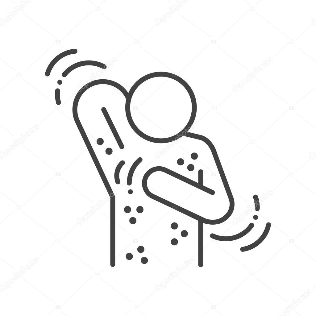 Allergy symptoms line black icon. Skin rash. Dermatological diseases. Itchy spots on body. Sign for web page, mobile app, button, logo. Vector isolated element. Editable stroke.