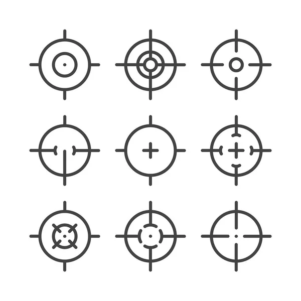 Hedef ve hedef kümesi siyah çizgi simgeleri. Nişan işaretleri. Piktogramları hedeflemek ve hedeflemek. Keskin nişancı görüş. — Stok Vektör