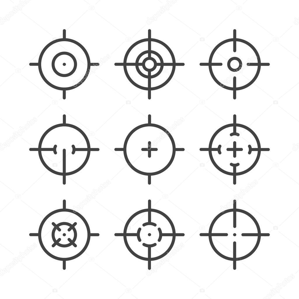 Black line icons set of targets and destination. Aim signs. Targeting and aiming pictograms. Sniper sight.