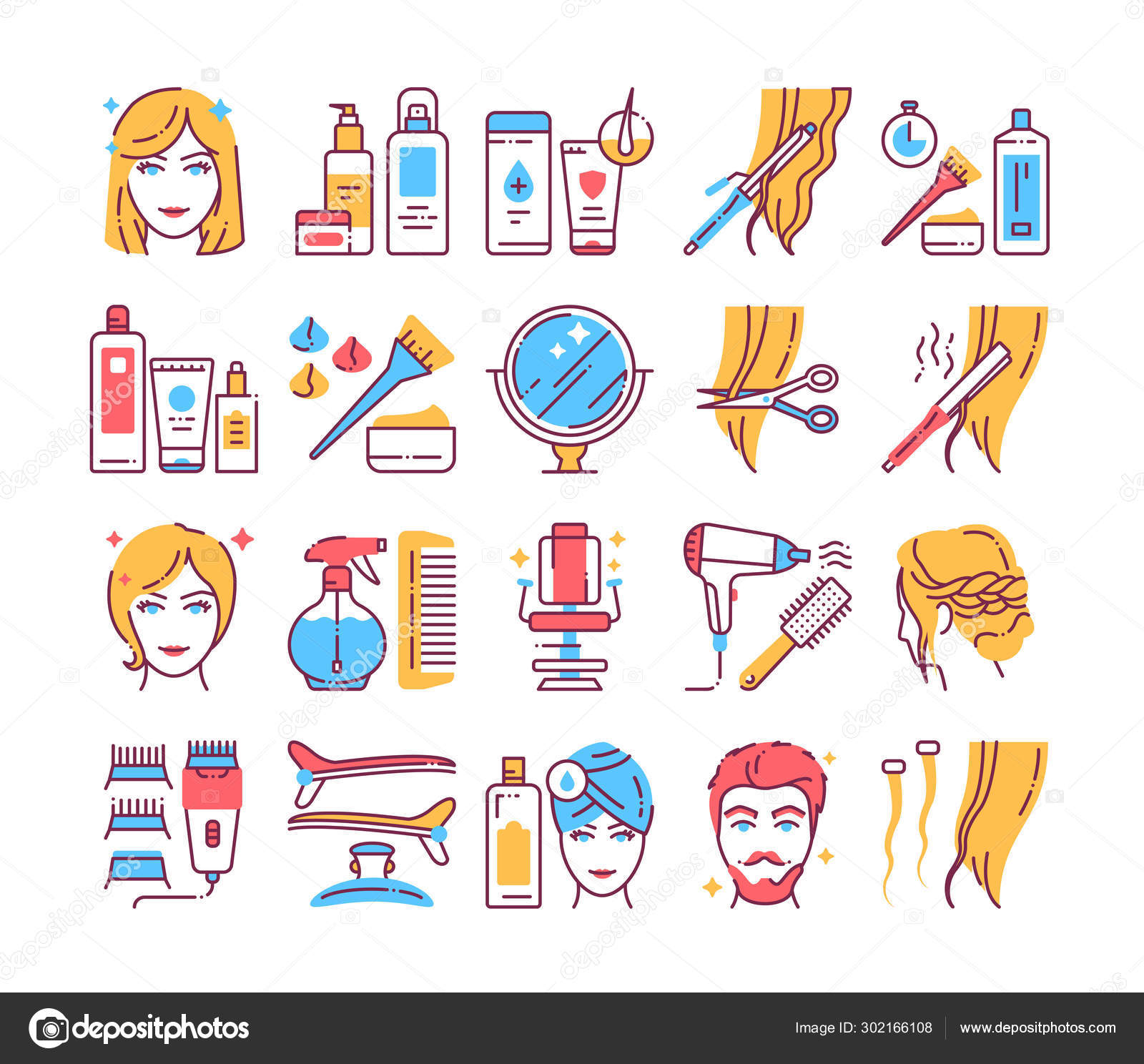 Hairdresser Service Color Line Icons, Hair Dresser App