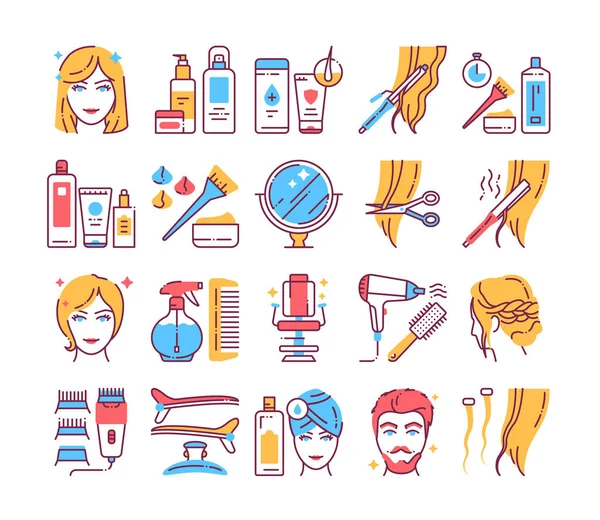 Kuaför hizmeti renk çizgisi simgeleri ayarlayın. Profesyonel saç şekillendirme. Güzellik endüstrisi. Web sayfası, mobil uygulama, promosyon için pictograms.