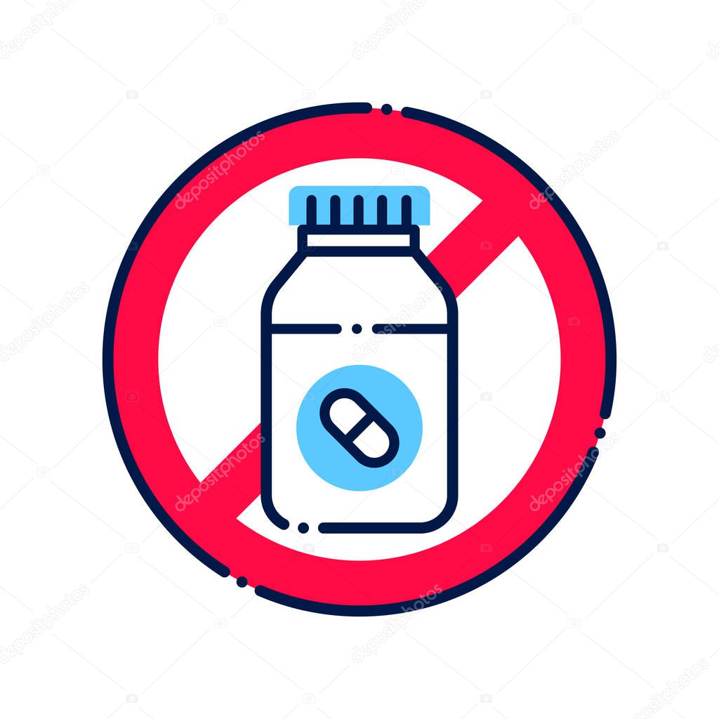 Pill bottle allergy line color icon. Allergic reaction to drug. Medication intolerance. Hypersensitivity to the individual components of the product. Vector isolated element. Editable stroke.