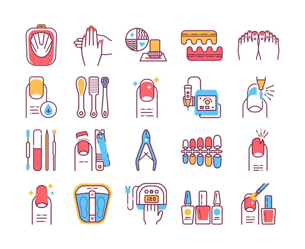 Manicure and pedicure procedures color line icons set. Nails service. Beauty industry. Pictograms for web page, promo. — Stock Vector