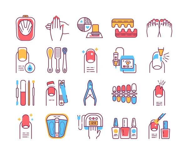 Manikür ve pedikür prosedürleri renk çizgisi simgeleri ayarlayın. Çivi servisi. Güzellik endüstrisi. Web sayfası, promo için Pictograms.