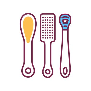 Pedikür aletleri renk çizgisi simgesi. Araçlar: ayak dosyası, temizleyici, tıraş sert cilt sökücü. Ayak bakımı. Tırnak servisi. Güzellik endüstrisi. Web sayfası için Pictogram.