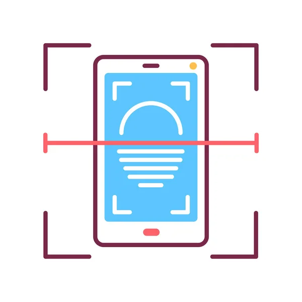 Cara de identificación en el icono de la línea de color smartphone. Aplicación de exploración en la pantalla. Identificación y verificación del concepto de persona. Elemento de seguridad biométrica . — Vector de stock