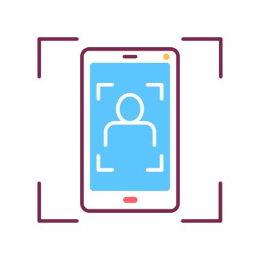 Akıllı telefon renk çizgisi simgesinde tanımlama yüzü. Ekranda tarama uygulaması. Kimlik ve doğrulayan kişi kavramı. Biyometrik güvenlik elemanı.