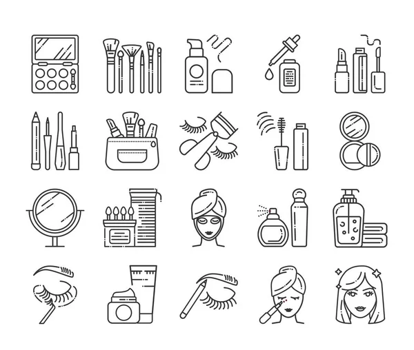 Cosmetic products and professional facial makeup line icons set. Feminine skincare. Beauty industry. Pictogram for web page, mobile app, promo. UI UX GUI design element. — Stock Vector