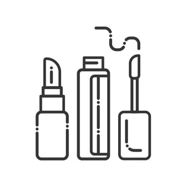 Ruj ve dudak parlatıcısı siyah çizgi simgesi. Dekoratif kozmetik işareti. Güzellik endüstrisi. Profesyonel yüz makyajı. Web sayfası, mobil uygulama, promosyon için Pictogram. Ui Ux Gui tasarım elemanı.