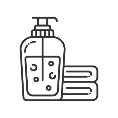 Yüz yıkama jeli siyah çizgi simgesi. Sabun ve havlu. Cilt bakımı. Spa, Kozmetik prosedürleri. Web sayfası, mobil uygulama, promosyon için Pictogram. Ui Ux Gui tasarım elemanı.