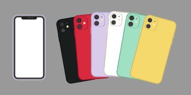 Yeni Iphone 11 vektör düz grafik illüstrasyon. Akıllı telefon arka planda izole edilmiş çerçevesiz boş ekranı taklit edin. Ön ve renkli arka taraf.