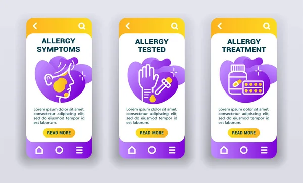 Sada obrazovky pro alergii na mobilní aplikace. Plochá ilustrace izolovaná. — Stockový vektor