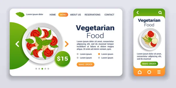 Banner web de comida vegetariana y kit de aplicación móvil. Pedido y entrega . — Vector de stock