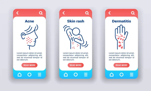 Malattie dermatologiche sugli schermi di onboarding delle app mobili. Modello UI UX GUI . — Vettoriale Stock