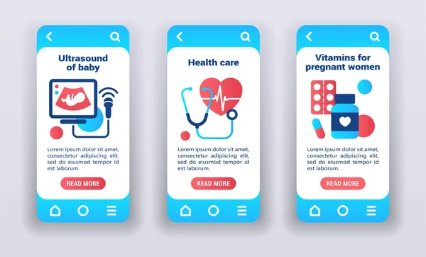 Mütter- und Kindergesundheit auf mobilen App-Bildschirmen. Banner für Website und mobiles Set. — Stockvektor