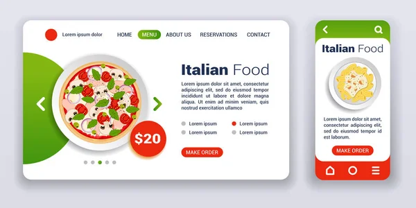 Banner web de comida italiana y kit de aplicación móvil. Pedido y entrega . — Vector de stock